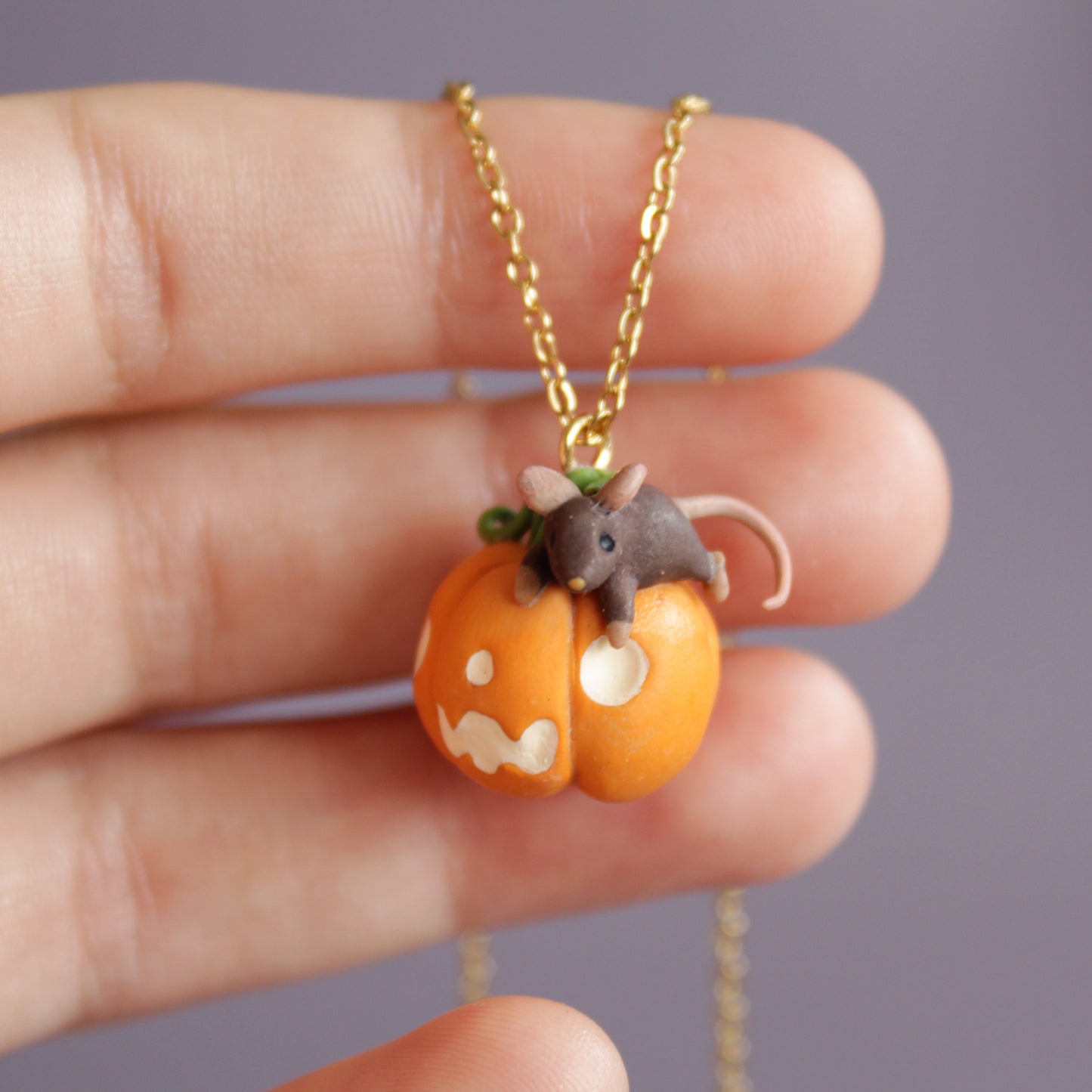 Pumpkin Rat Necklace in Polymer Clay