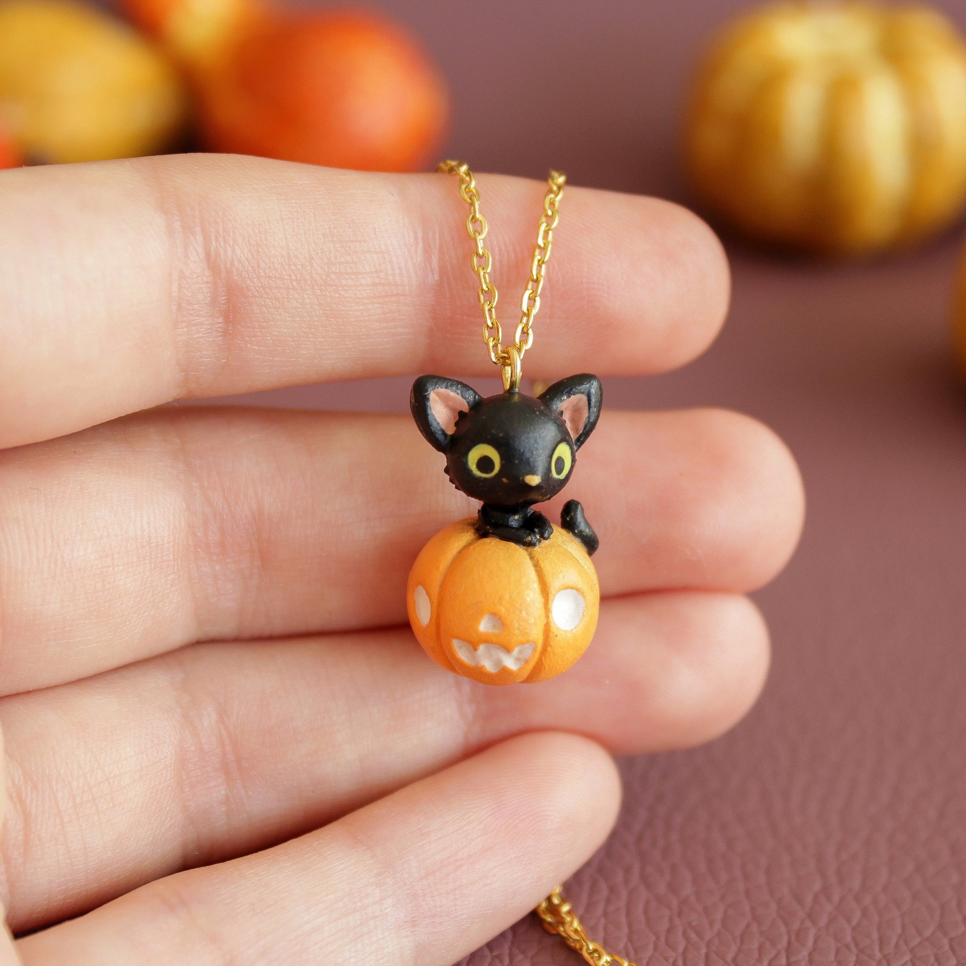 Pumpkin Cat Necklace in Polymer Clay - The Folky Fox