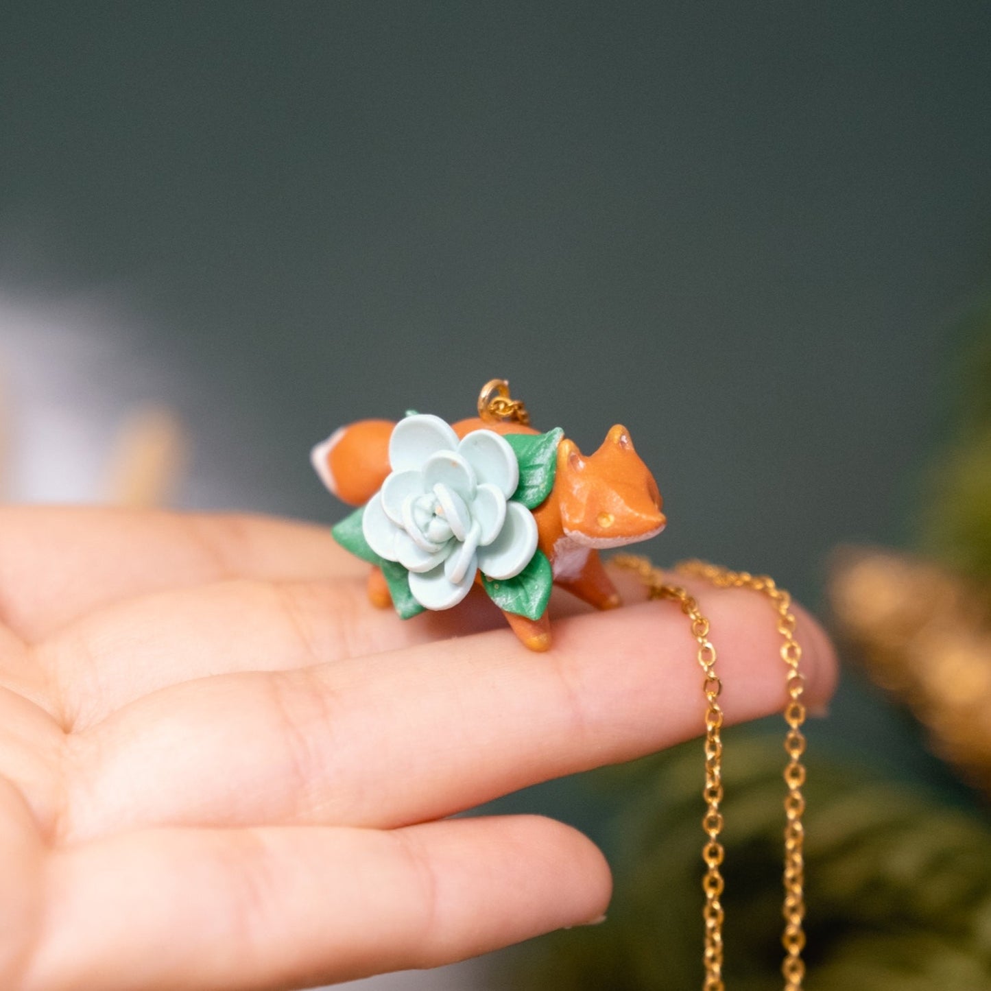 Floral Fox Necklace in Polymer Clay