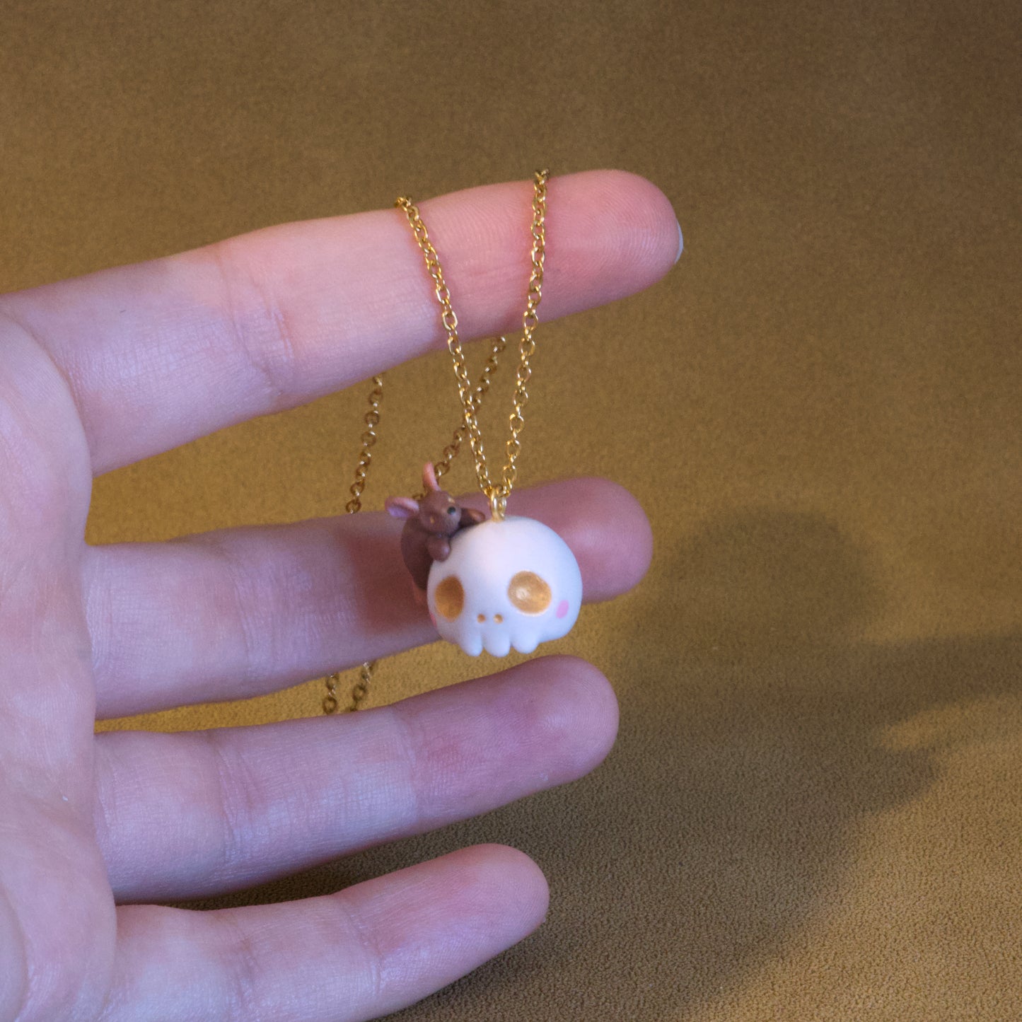 Mouse on Skull Necklace in Polymer Clay