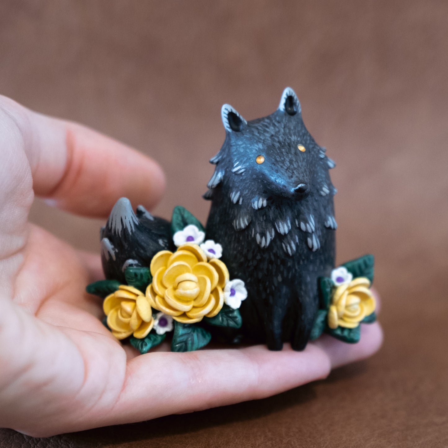Black Wolf Figurine in Polymer Clay