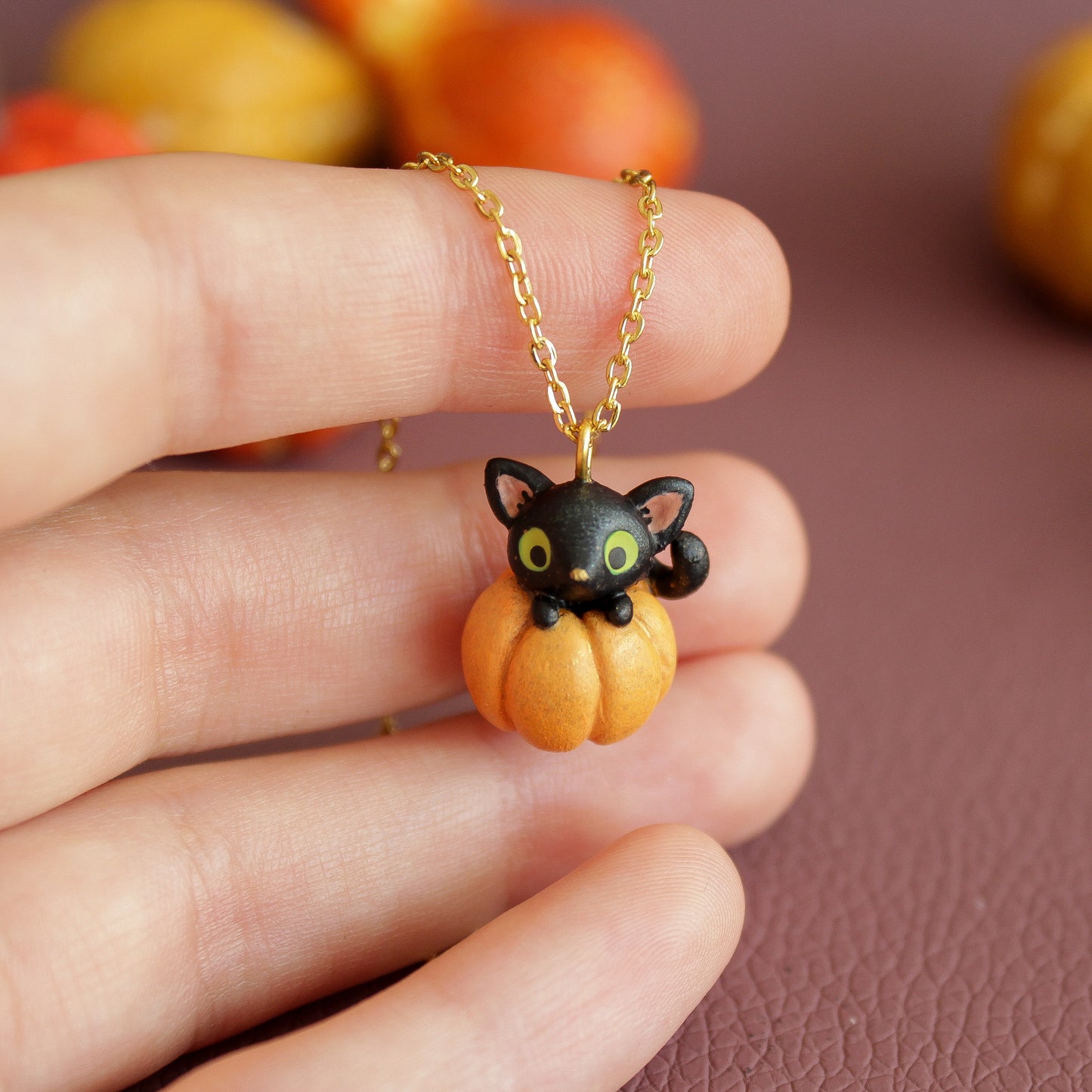 Pumpkin Cat Necklace in Polymer Clay - The Folky Fox