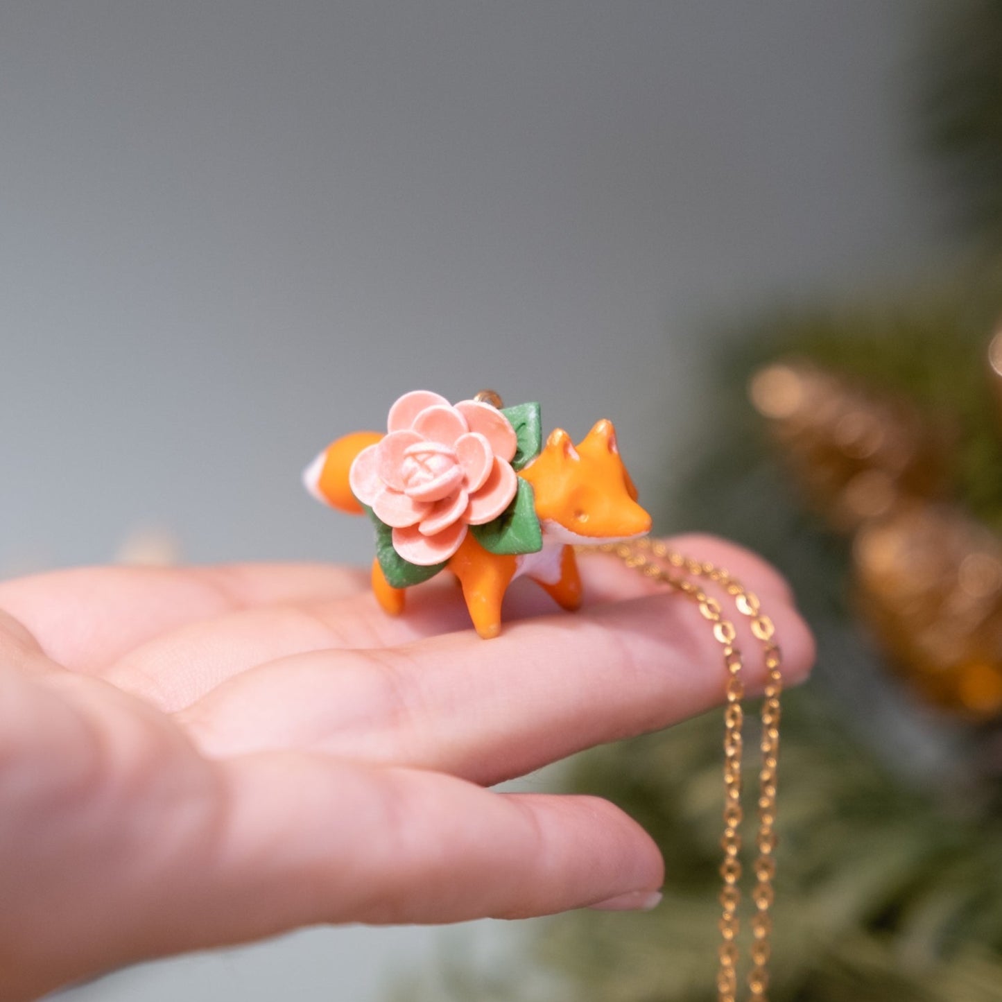 Floral Fox Necklace in Polymer Clay