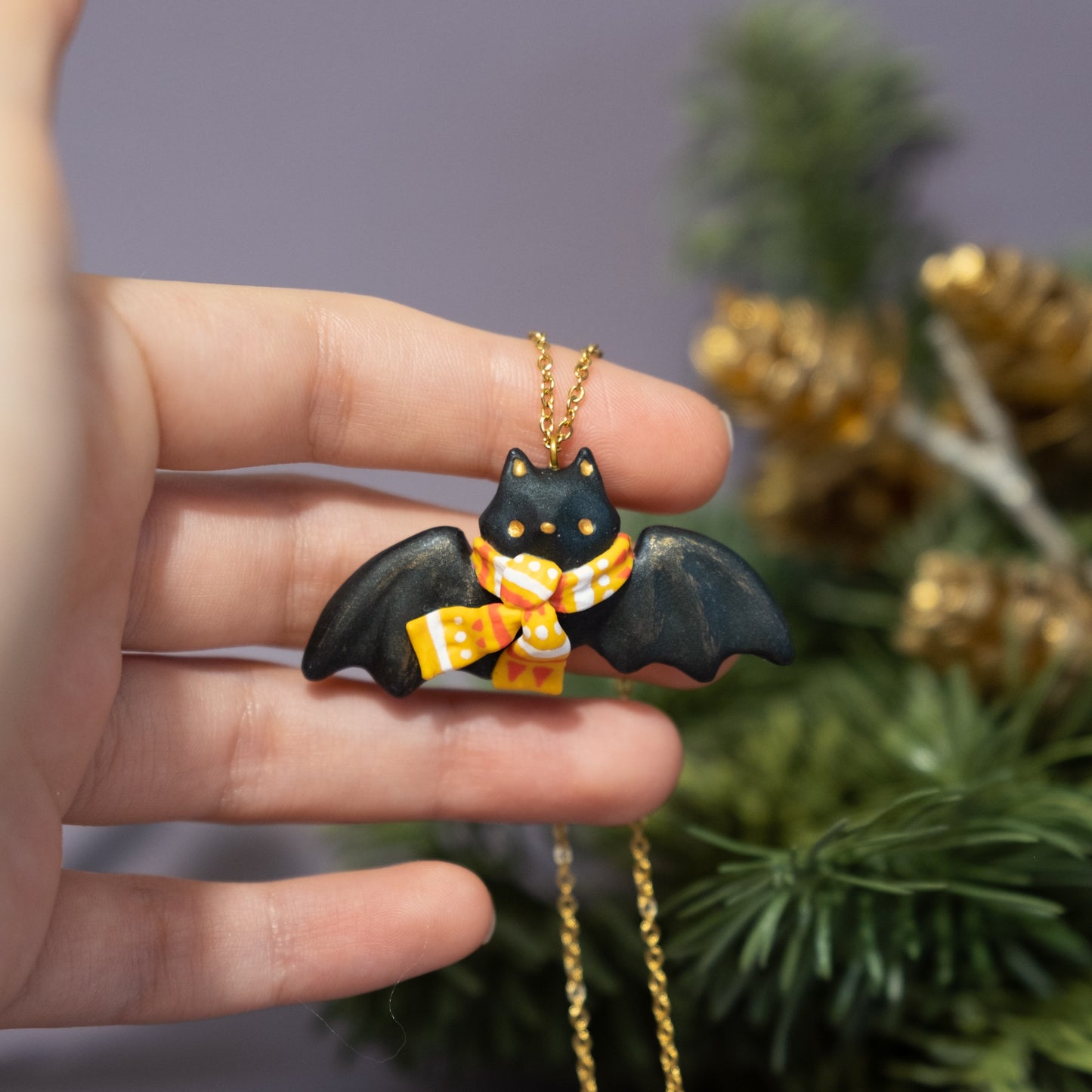 Winter Bat Necklace in Polymer Clay