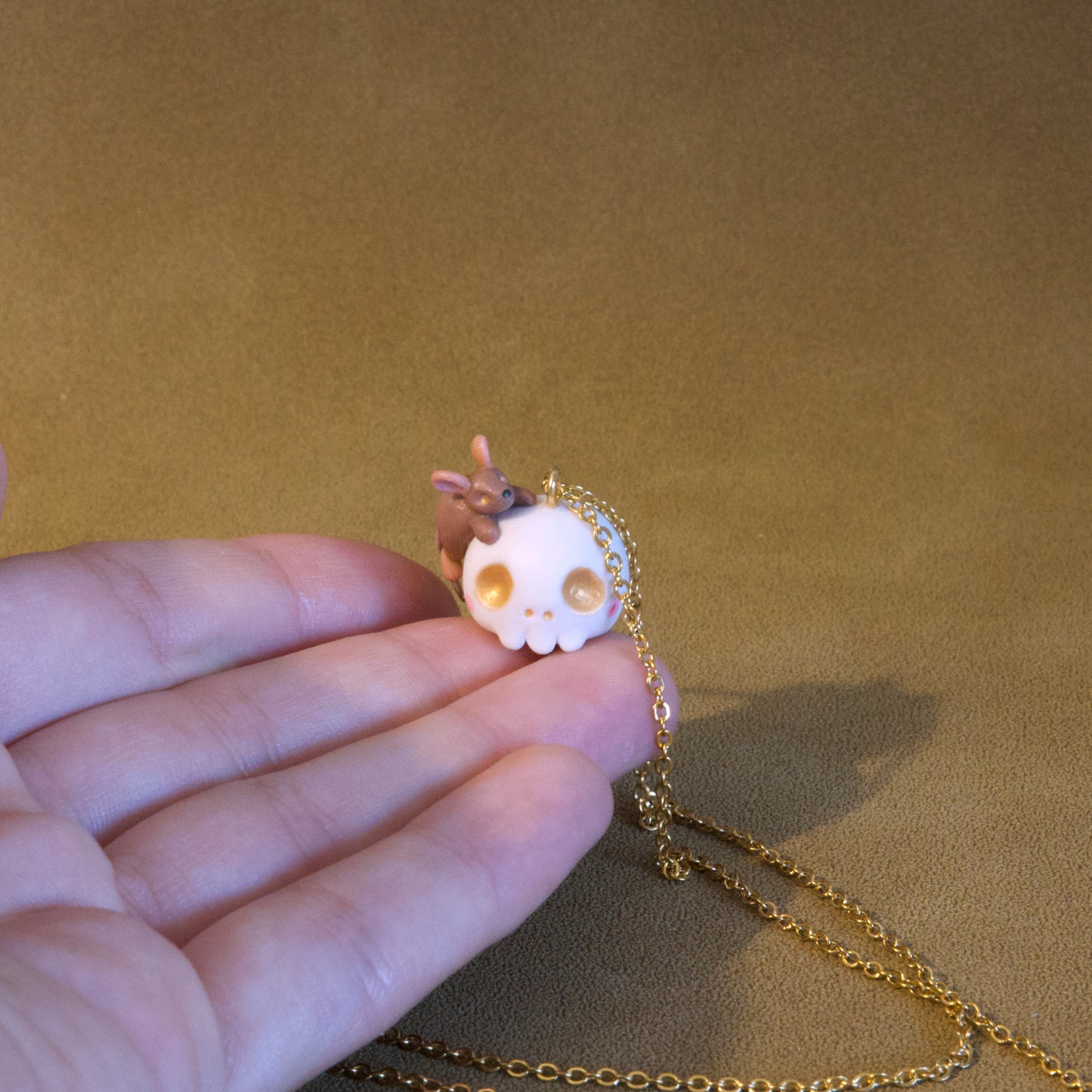 Mouse on Skull Necklace in Polymer Clay