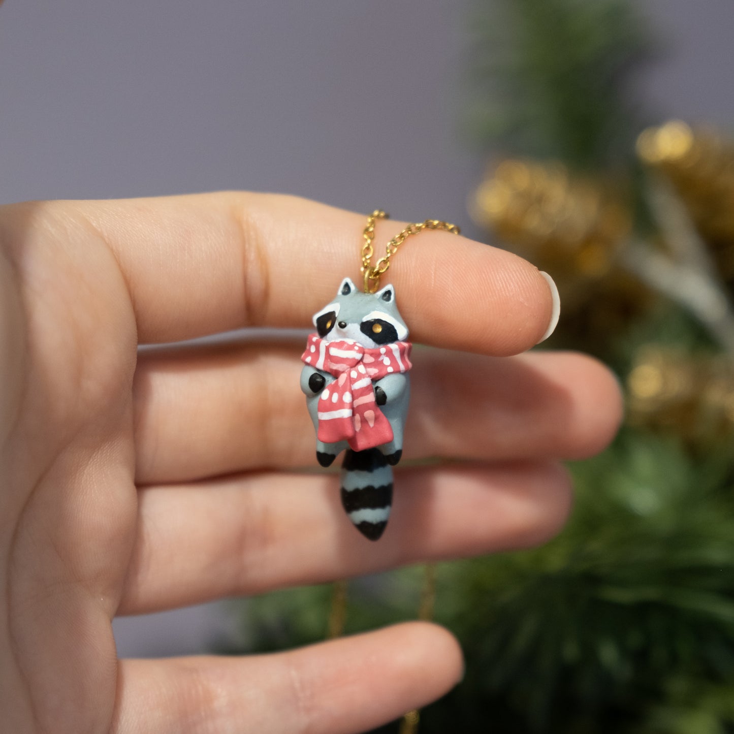 Winter Raccoon Necklace in Polymer Clay