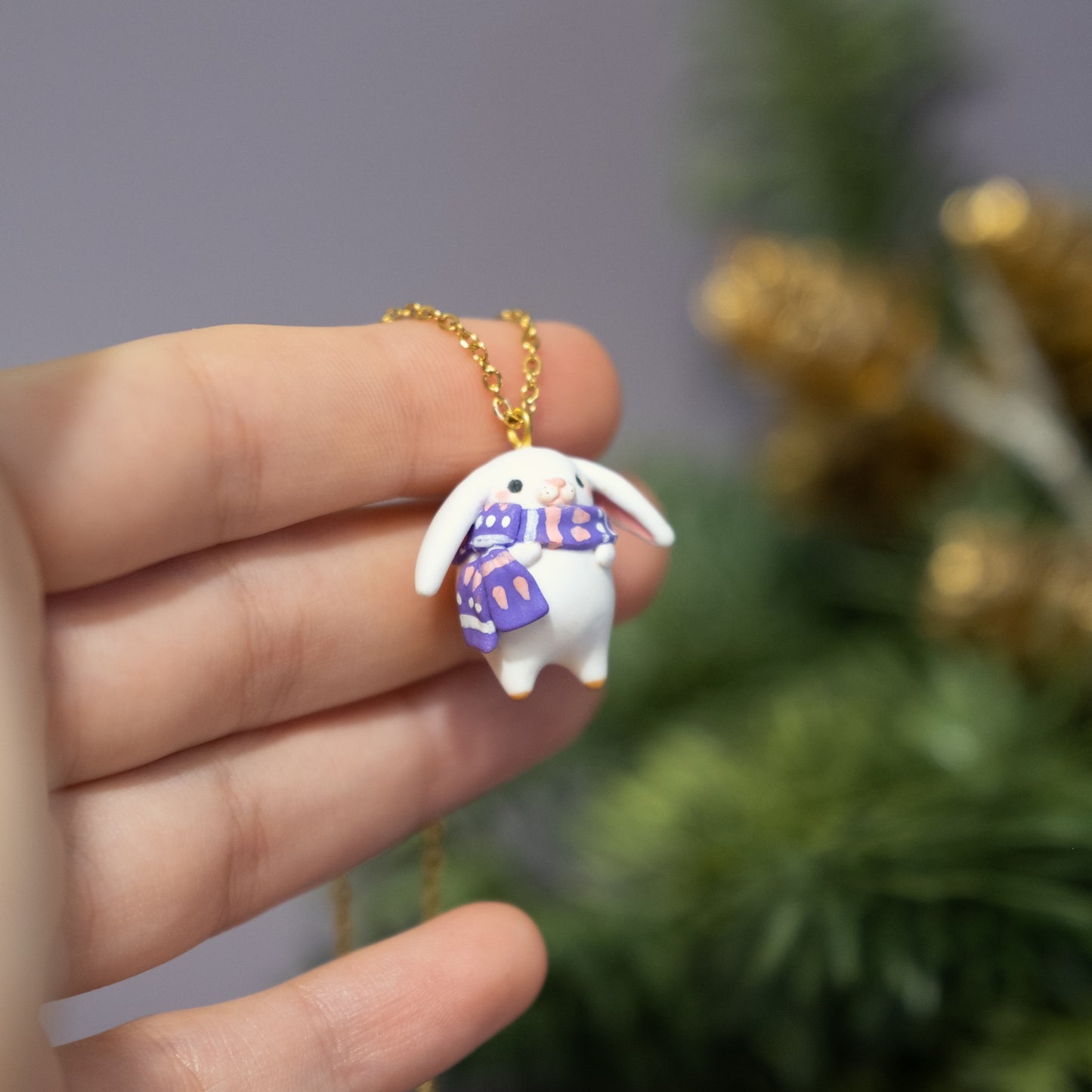 Winter Bunny Necklace in Polymer Clay