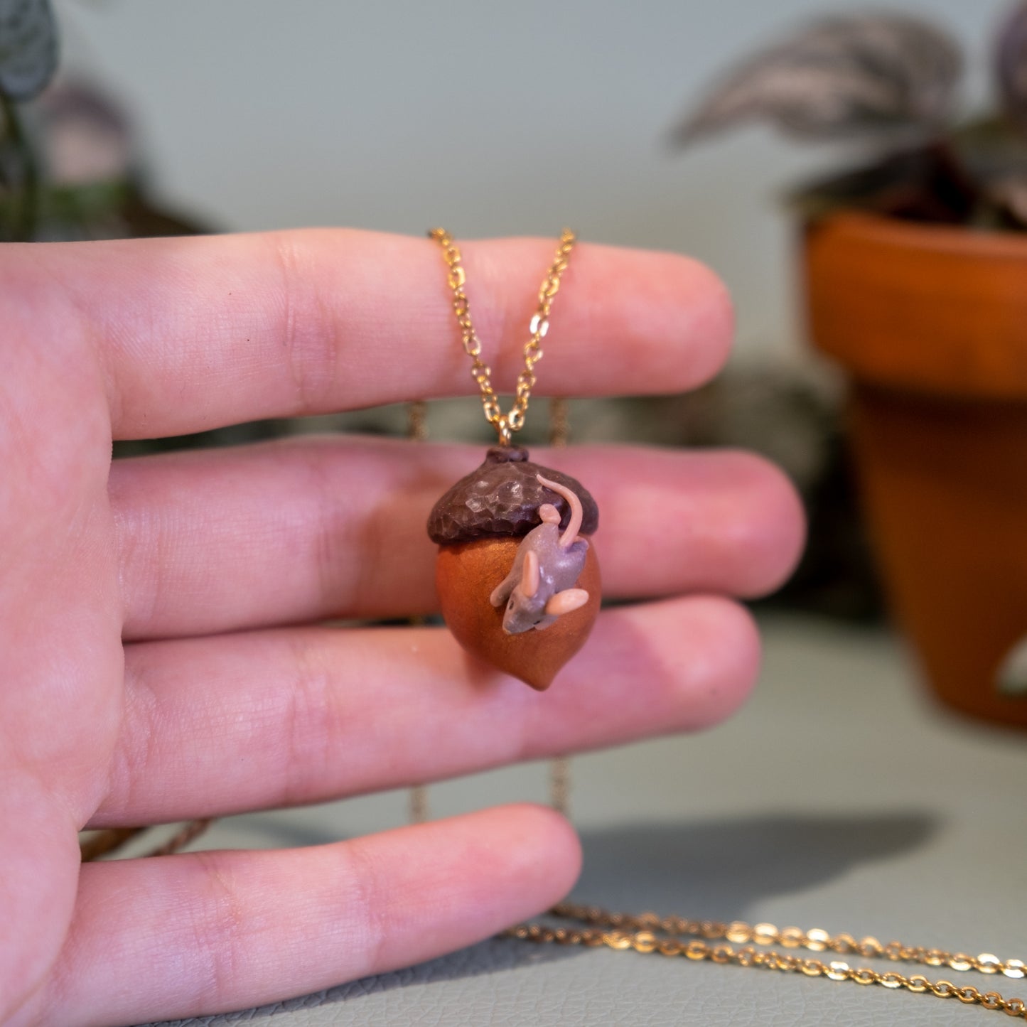 Mouse acorn Necklace in Polymer Clay