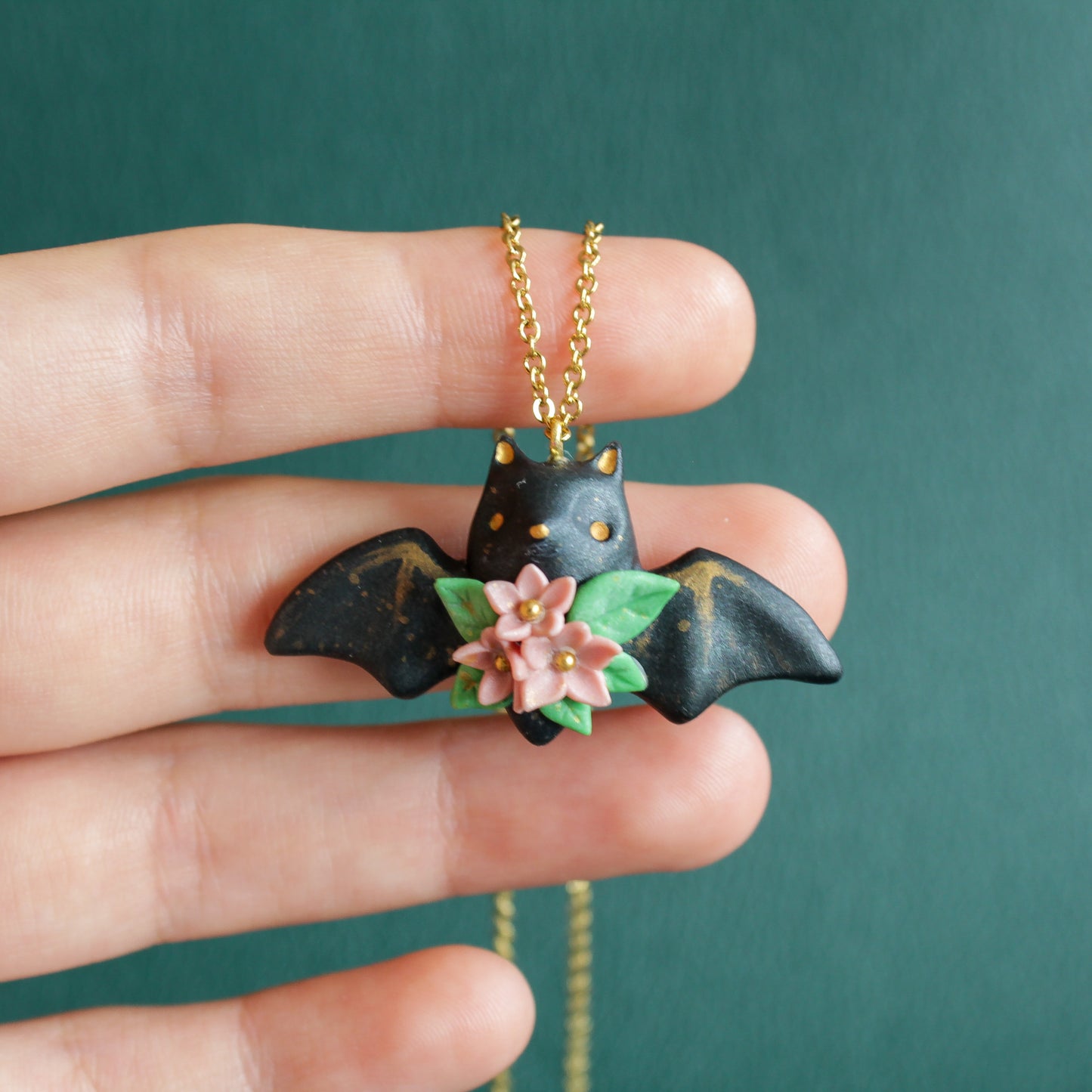 Floral Bat Necklace in Polymer Clay - The Folky Fox