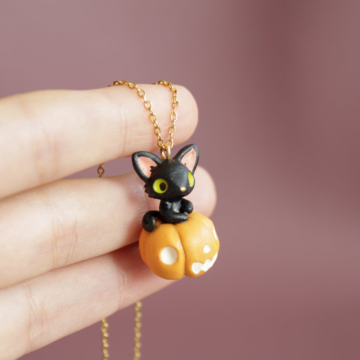 Pumpkin Cat Necklace in Polymer Clay