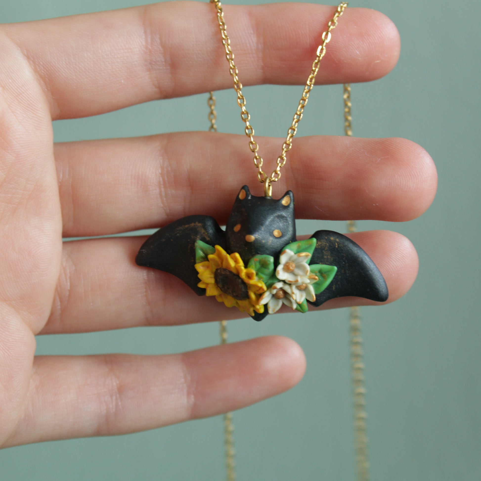 Floral Bat Necklace in Polymer Clay - The Folky Fox