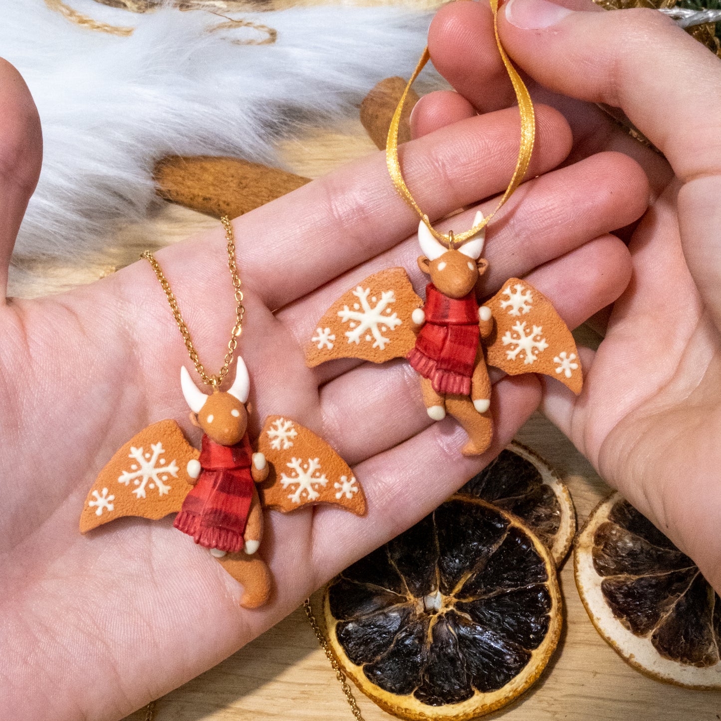 Gingerbread Dragon Necklace/Ornament in Polymer Clay
